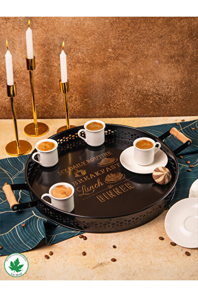 linmetal Ahşap Kulplu Desenli Metal Servis Tepsisi 37cm (My Daily Routine Bas...