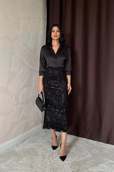 Butik Black Sequined Shiny Skirt