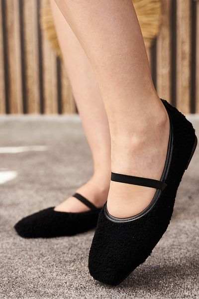 İmerShoes Balerini negri de zi cu zi pentru femei, din cauciuc de pluș, cu vârf oval, pantofi ușori confortabili 373