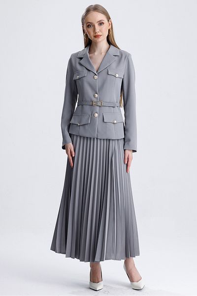 MD trend Women's Pleated Skirt and Belted Short Jacket with Pockets Double Classic Set