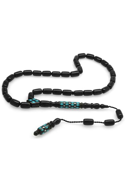 Tesbihane Systemed Silver-firuze Embroidered Capsule Cut Erzurum Oltu Stone Rosary