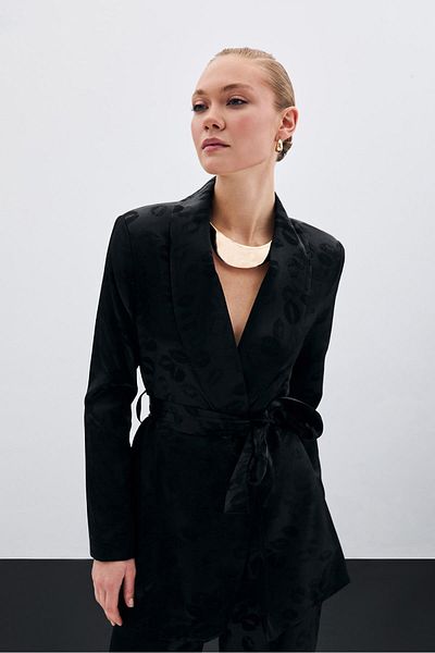 Sateen Shawl Collar Belted Jacket - Black