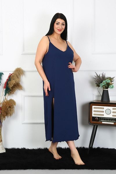 Celira Women's Large Size Rope Strap Cotton Navy Blue Long Nightgown 12100