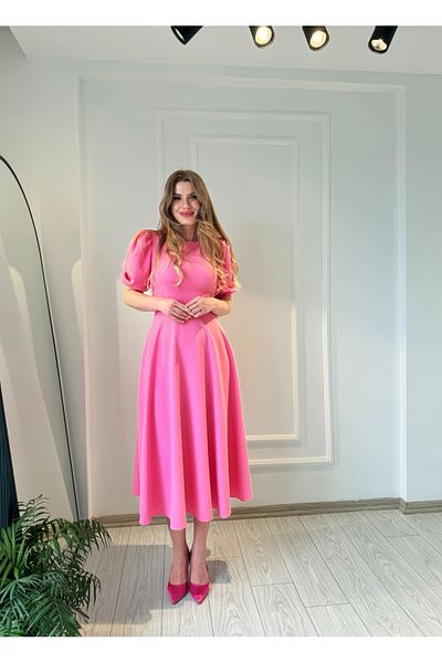 Store Crew Neck Balloon Sleeve Midi Dress