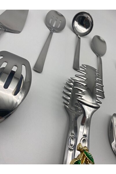 Fiyakalı Ürünler Atölyesi 18/10 Stainless Steel Silver Colander Set - 8-Piece Ladle, Shovel, Fork, Spoon and Cherry Tongs Serving Set