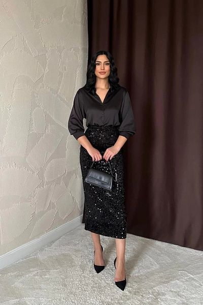 Butik Black Sequined Shiny Skirt