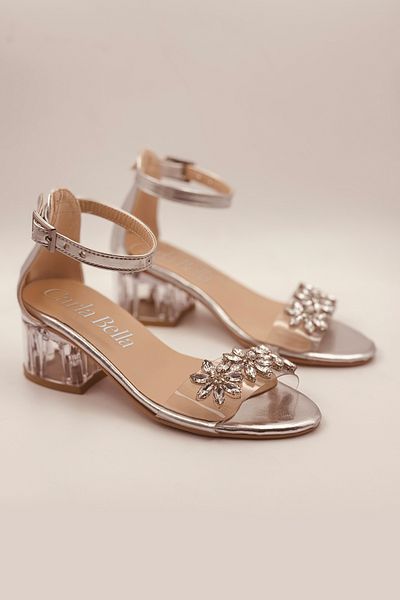 CARLA BELLA Pantofi cu toc pentru fete Rochie de seara din piatra cu toc transparent de 5 cm Pantofi de seara pentru fete argintii
