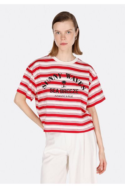 Colin's Comfort Fit Round Neck Striped Women's Red Short Sleeve T-Shirt