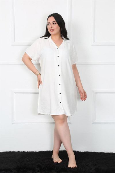 Celira Large Size Woven Buttoned White Tunic Nightgown 1022