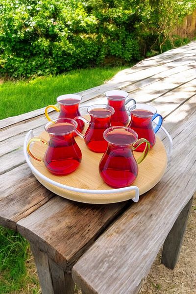 Kitchen Way Colored Glass Cup Set with Handles 150ml 6Pcs Patterned Borosilicate