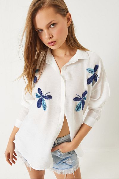 Bianco Lucci Women's Leaf Bead Embroidered Aerobin Oversize Shirt 60283024