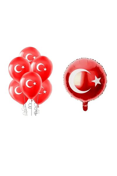 asöy Flag Foil Red Balloon Turkish Flag Printed 23 April Decoration 6+1 National Holiday
