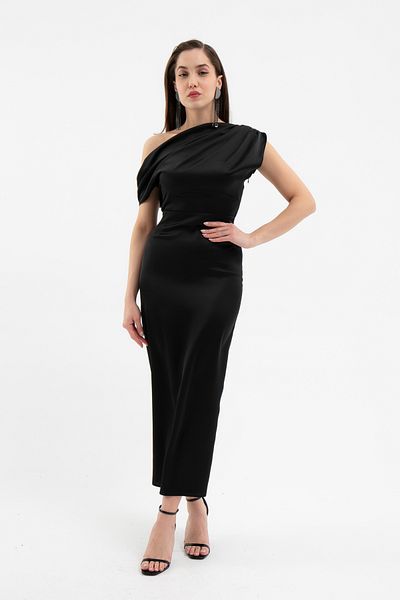 Lafaba Women's Black Degaje Collar Slit Satin Midi Dress