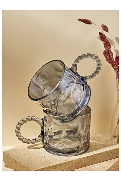 CENGİZ ÇEYİZ Ringo Stone Color Füme 2'li 325 ml Kulplu Boncuklu Cam Kupa Bard...