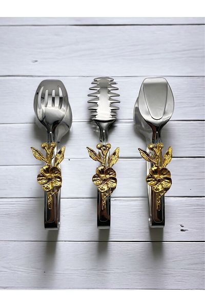 Fiyakalı Ürünler Atölyesi Japanese Rose Silver Tongs - Salad Pasta and Pastry Serving Tongs Stainless Steel Dinnerware Set