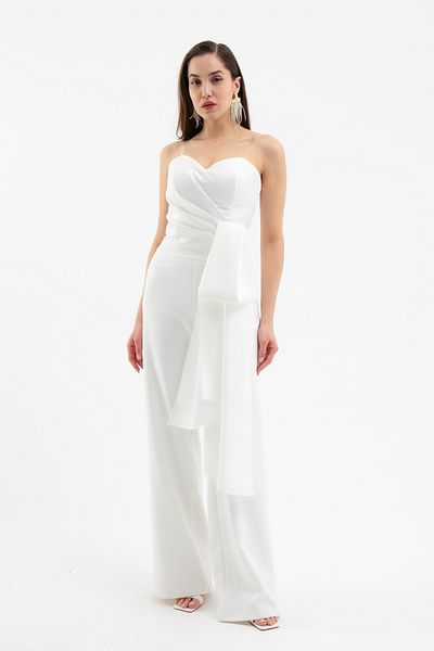 Lafaba Women's White Strapless Neckline Tailed Long Evening Dress Jumpsuit