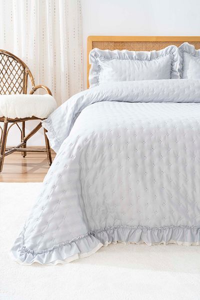 Rivaİstanbul Hola Gray Double Bed Cover Set 3 Piece Sleep & Dowry Set