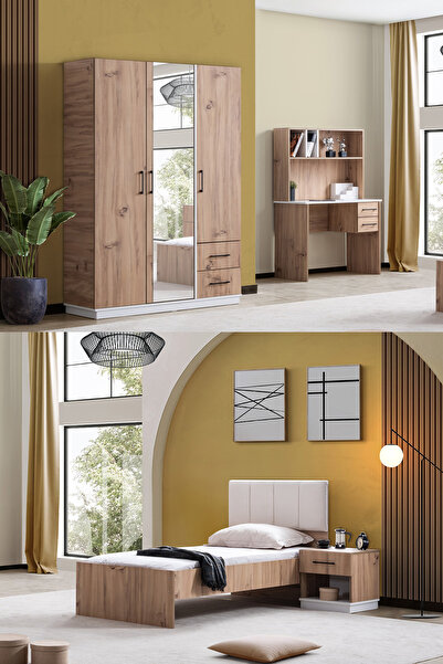 Setay Genç Odası Efes 3 Kapaklı Dolap,Karyola,Çalışma Masası,Komodin Ceviz Krem