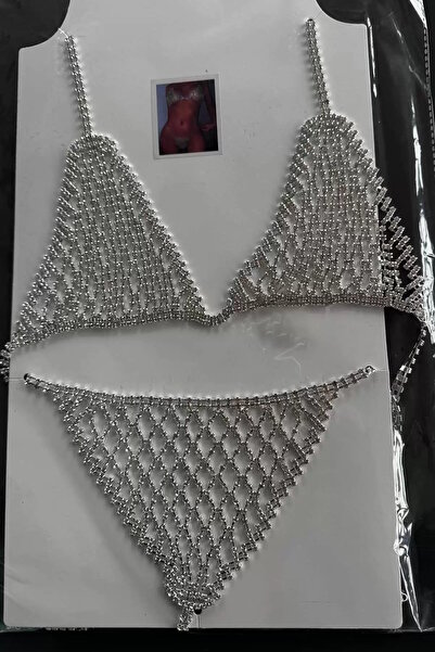 CAŞ DEKORASYON Ασημί Χρώμα Γυναικείο Σετ Σουτιέν και Τανγκά με Πέτρες/ Αξεσουάρ Σώματος