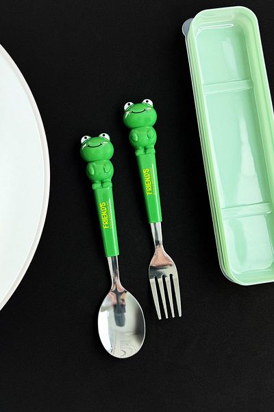 Patladı Gitti Frog Figured Metal Tip Spoon & Fork - Food Spoon School Lunch Box Set