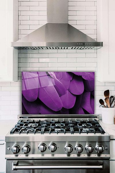 Vosevu Purple Bird Feathers Glass Stove Back Protector, Heat Resistant, Countertop Built-In and Kitchen Protection