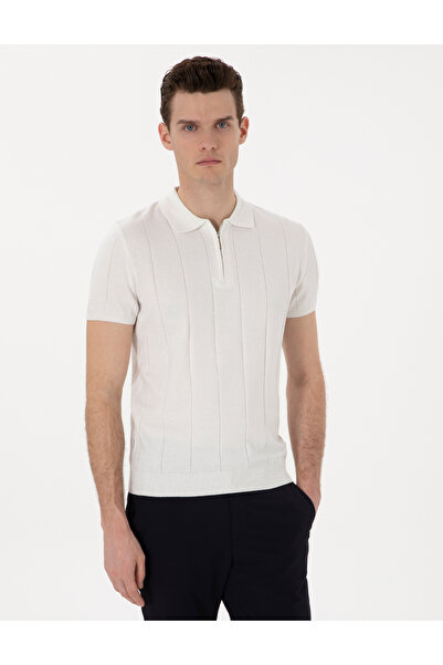 Pierre Cardin Ekru Slim Fit Fermuarlı Polo Yaka Triko Tişört 50305983-VR019