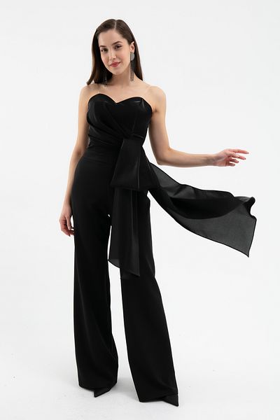 Lafaba Women's Black Strapless Neckline Long Evening Dress Jumpsuit
