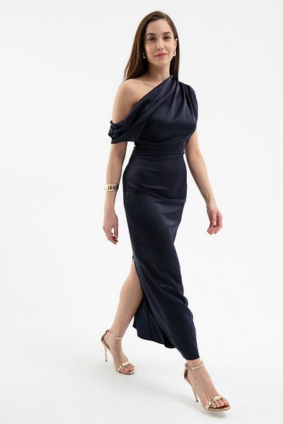 Lafaba Women's Navy Blue Degaje Collar Slit Satin Midi Dress