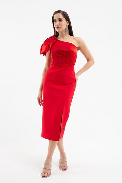 Lafaba Women's Red Organza Detail Midi Promise Engagement Wedding Evening Dress