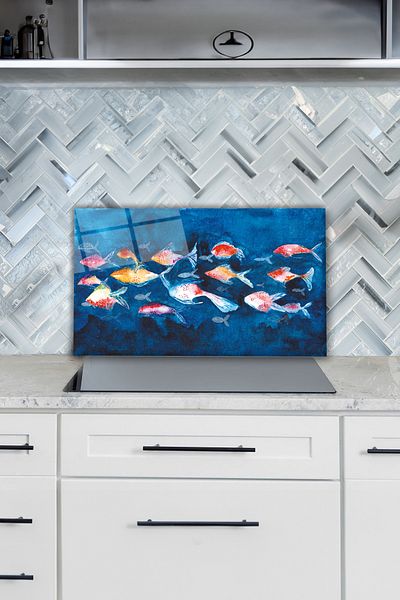 Vosevu Protector de spate pentru aragaz din sticla Orange Fishes, rezistent la caldura, protectie pentru blat si bucatarie