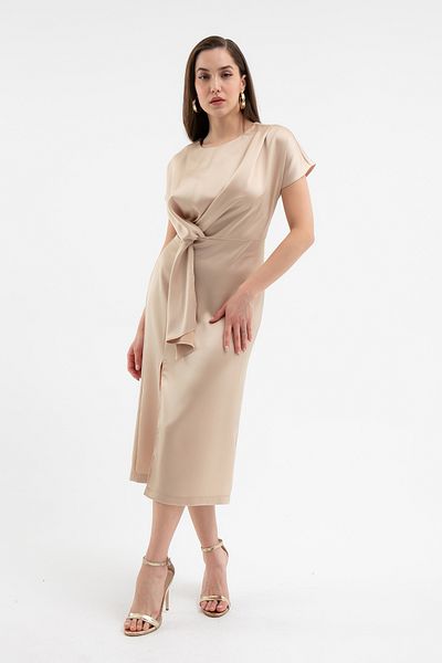 Lafaba Women's Camel Slit Midi Satin Dress
