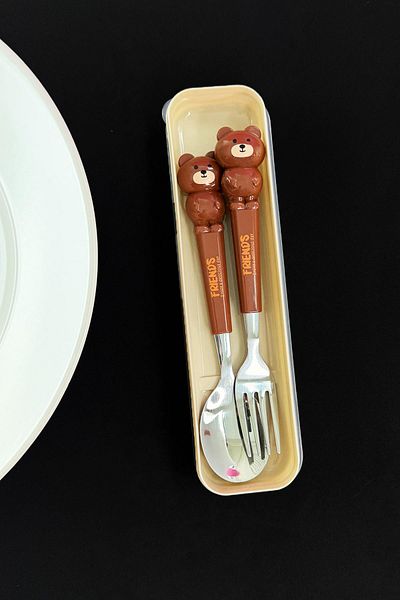 Patladı Gitti Brown Teddy Bear Figured Metal Tip Spoon and Fork - Food Spoon School Lunch Box Set
