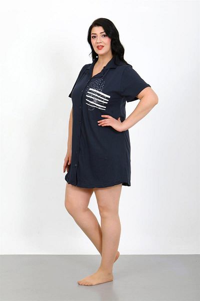 Celira Large Size Combed Cotton Buttoned Navy Blue Tunic Nightgown 1025