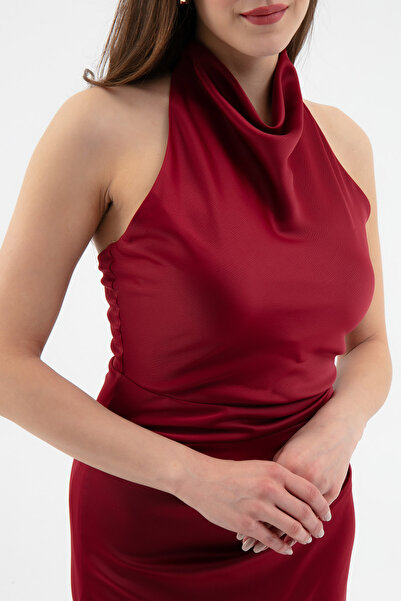 Lafaba Kadın Bordo Sırt Dekolteli Uzun Saten Abiye Elbise