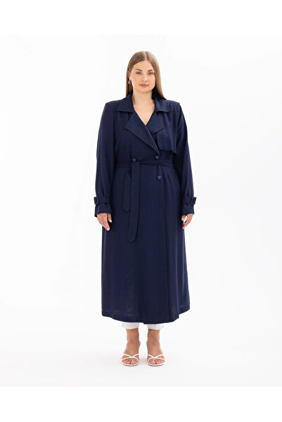 Gala-Xi Kruvaze Yaka Büyük Beden Kemer Detaylı Lacivert Kadın Pardösü 1000241...