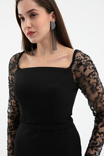 Lafaba Kadın Siyah Kol Detaylı Söz Nişan Nikah Abiye Elbise