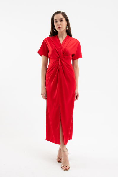 Lafaba Women's Red Knot Detailed Midi Satin Dress
