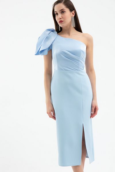 Lafaba Rochie de seară de nuntă de logodnă Midi cu detaliu din organza albastru baby