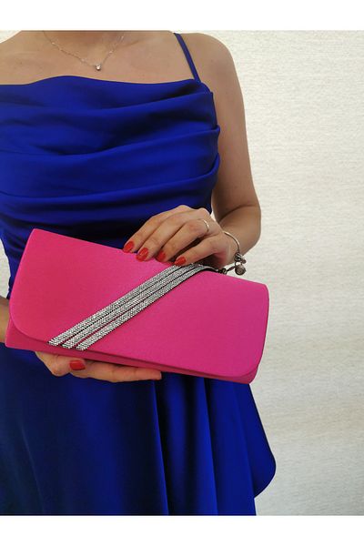 NAZART Γυναικείο βραδινό φόρεμα φούξια με πέτρες Clutch Portfolio Chain Strap Hand Wedding Engagement Night Shoulder Bag