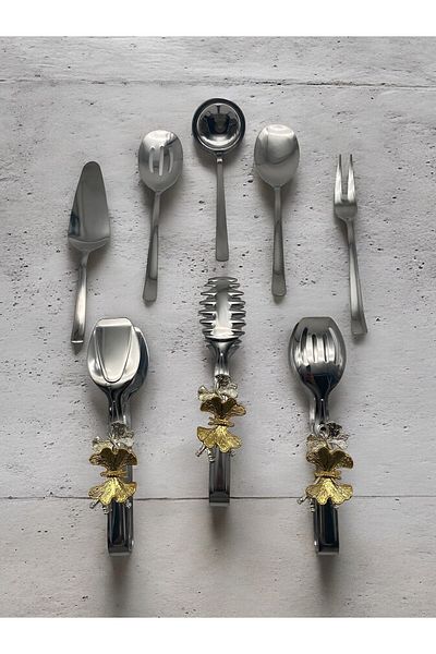Fiyakalı Ürünler Atölyesi 8 Pieces Stainless Steel Silver Ladle Colander And Butterfly Tongs Service Set