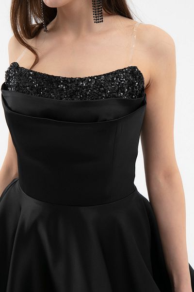Lafaba Women's Black Strapless Neck Sequined Mini Satin Homecoming Evening Dress