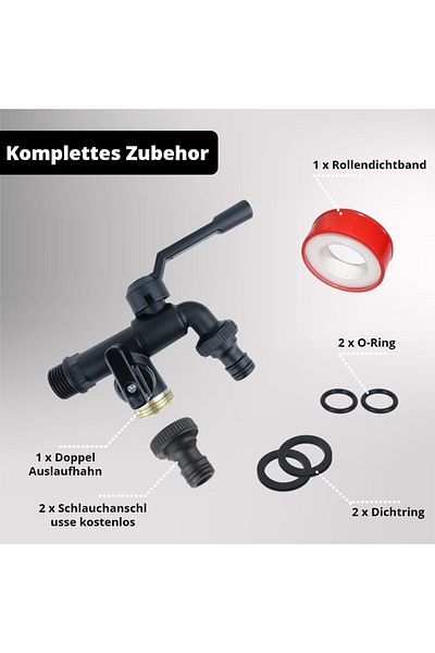 COOYA Water Tap, with 2 x Free Hose Connections, Double Outlet Tap for Garden, Washing Machine(Black)