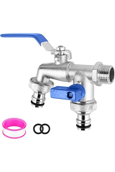 COOYA Double Outlet Tap, with 2 x Free Hose Connections, 1 x Roller Sealing Tape, Brass, Hose Nozzle