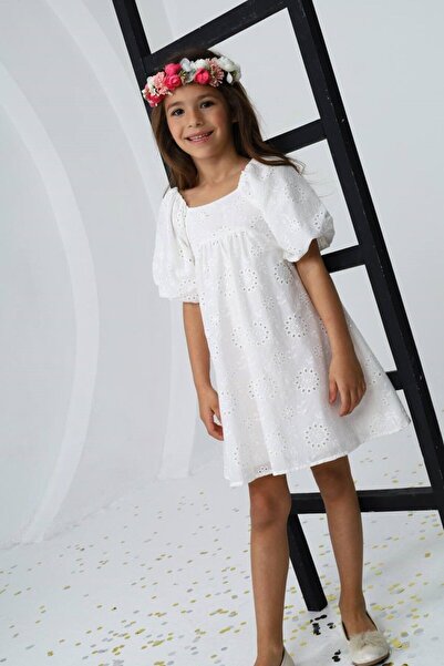 HC Kids Wear Girl April 23 Children's Day Cotton Short Sleeve White Scalloped Dress