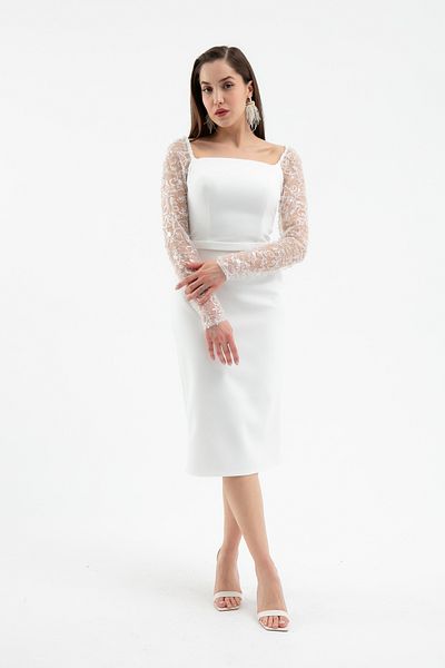 Lafaba Women's White Sleeve Detailed Promise Engagement Wedding Evening Dress