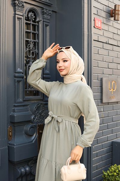 modessia Women Mint Green Plain Fold Fold Belted Long Seersucker Fabric Hijab Dress Gd0305