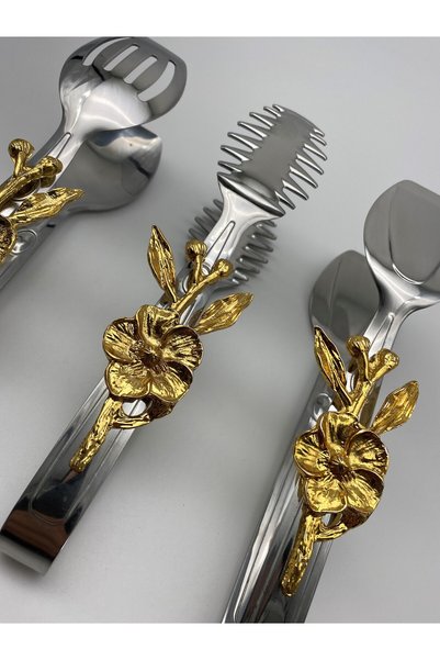 Fiyakalı Ürünler Atölyesi Japanese Rose Silver Tongs - Salad Pasta and Pastry Serving Tongs Stainless Steel Dinnerware Set