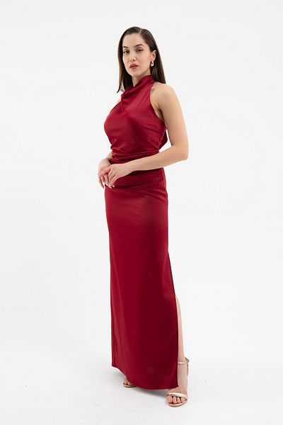 Lafaba Women's Burgundy Backless Long Satin Evening Dress