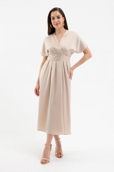 Lafaba Women's Beige Double Breasted Collar Waist Belted Satin Midi Dress