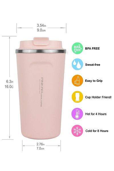 GLANCE Pınkah Pink Stainless Steel Coffee Thermos Cup Travel Cup Flask 510 ml